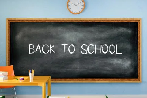 3D illustration. Back to school text written on a blackboard in the classroom Stock Photos