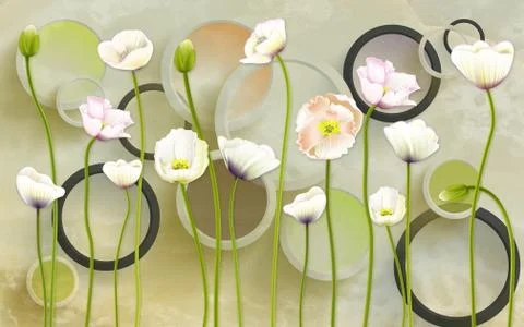 3D illustration - background with 3d rings and white poppies Stock Illustration