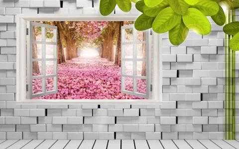 3d illustration, background, bricks, window, spring alley, green leaves Stock Illustration