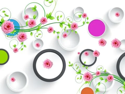 3D illustration, background, colored circles, rings, pink roses Stock Illustration