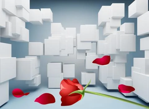 3D illustration, background with white cubes, red rose and petals Stock Illustration