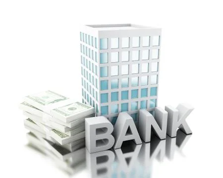3d illustration. Bank building with stack of bills Ilustración de archivo