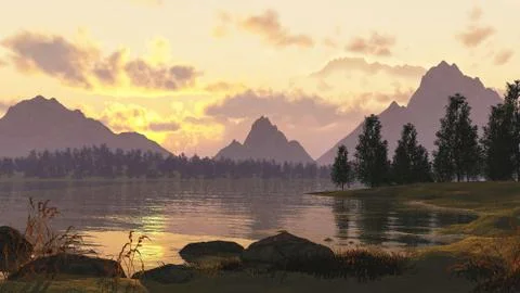 3d illustration beautiful landscape with sunrise Stock Illustration