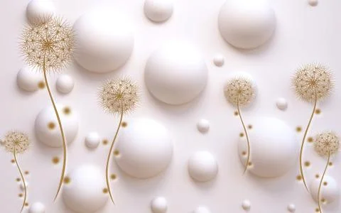 3D illustration, beige background, bubbles, dark abstract dandelions Stock Illustration