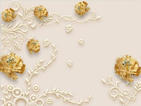 3d illustration, beige background, embossed, large golden flowers Stock Illustration