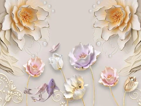 3d illustration, beige background, embossed, pearls, large flowers Stock Illustration