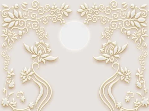 3d illustration, beige background, full moon, white embossed flowers Stock Illustration