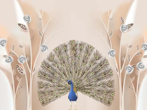 3d illustration, beige background, gray rose buds, brown leaves, peacock Stock Illustration