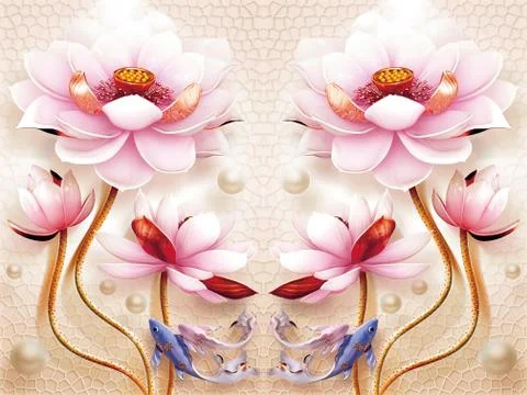 3d illustration, beige background, large pink  flowers, fish, pearls Stock Illustration
