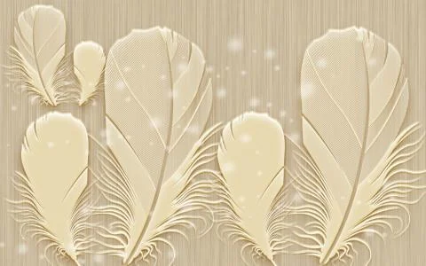 3d illustration, beige background, large embossed feathers Stock Illustration