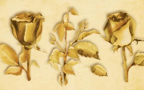 3d illustration, beige background, large golden roses with leaves Stock Illustration