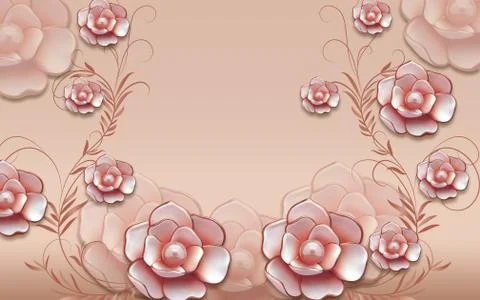 3d illustration, beige background, large pink ceramic gilded flowers Stock Illustration
