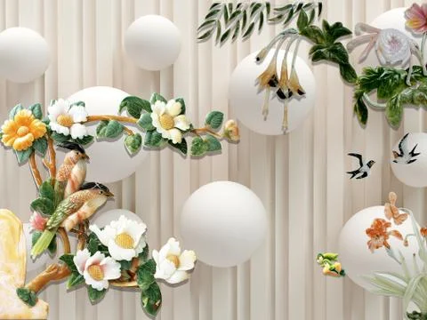 3d illustration, beige background, lines, white balls, flowering branches Stock Illustration