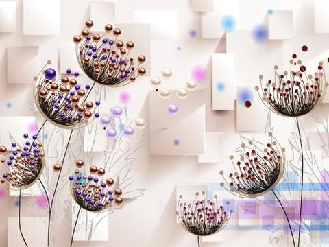 3d illustration, beige background, rectangles, colored spots, large flowers Stock Illustration