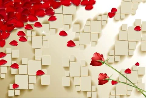 3d illustration, beige background, red roses and red rose petals Stock Illustration