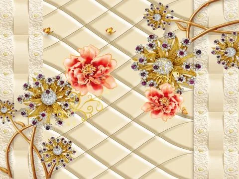 3d illustration, beige background, red and gilded fabulous flowers Stock Illustration