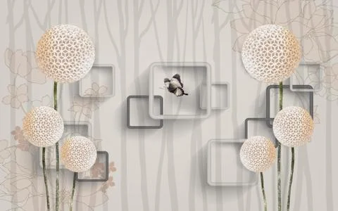 3d illustration, beige background, square frames, abstract dandelions Stock Illustration
