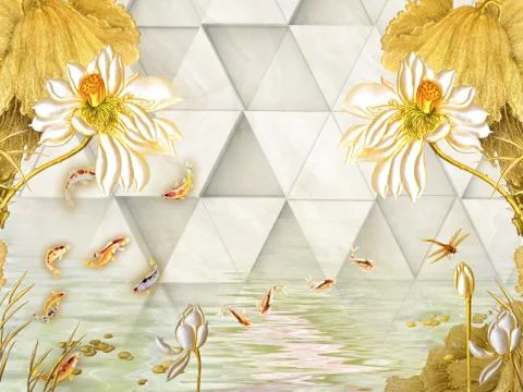 3d illustration, beige background, triangles, golden water lilies, goldfish Stock Illustration