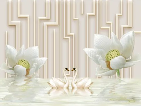 3D illustration, beige background, vertical curved lines, two white lilies Stock Illustration