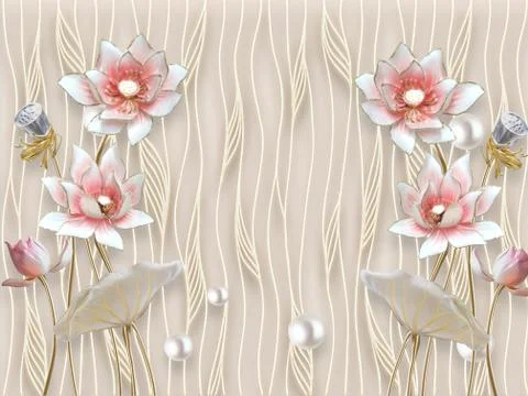 3D illustration, beige background, vertical wavy lines, fabulous flowers Stock Illustration