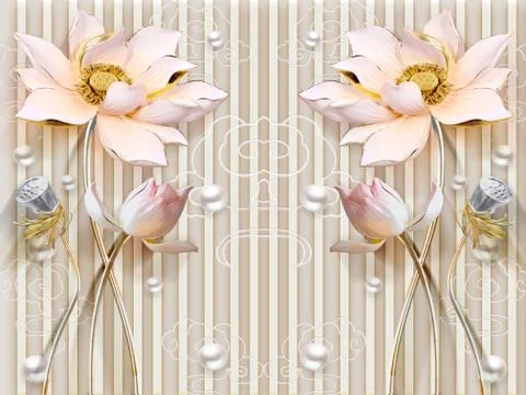 3D illustration, beige background, vertical stripes, ornament, pearls, flowers Illustrazione stock