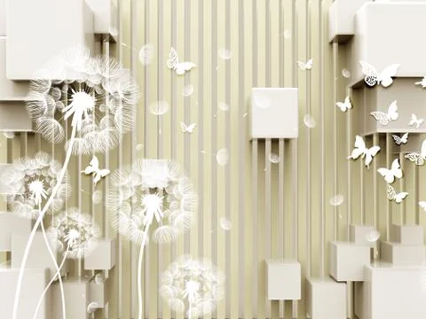 3d illustration, beige background, vertical stripes, cubes, white dandelions Stock Illustration