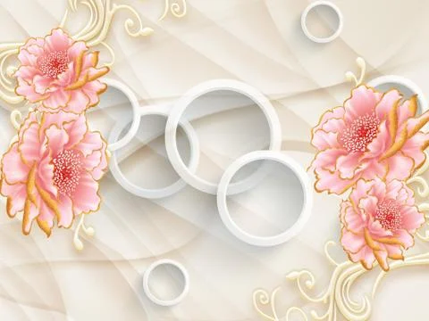 3d illustration, beige background, white rings, large pink fabulous flowers Stock Illustration