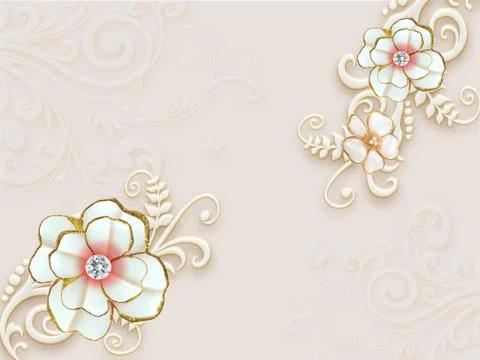 3d illustration, beige background, white ornamental flowers with diamonds Stock Illustration
