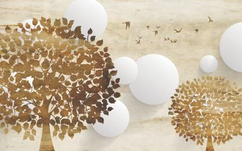 3d illustration, beige background, white balls, abstract beige tree outlines Stock Illustration