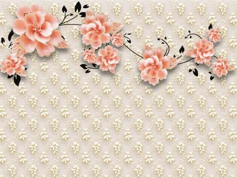 3D illustration, beige embossed background, lots of pink flower buds Stock Illustration