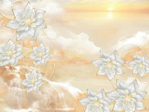 3d illustration, beige marble background, sunrise, silvery fairy flowers Stock Illustration