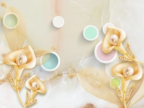 3d illustration, beige marble background, white rings, golden flowers Stock Illustration
