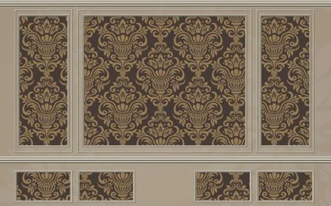 3d illustration, beige panel with frames, brown ornament inside the frames Stock Illustration