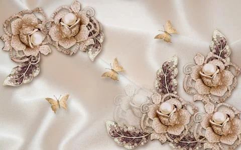 3d illustration, beige silk background, ornamental roses with large pearls Stock Illustration