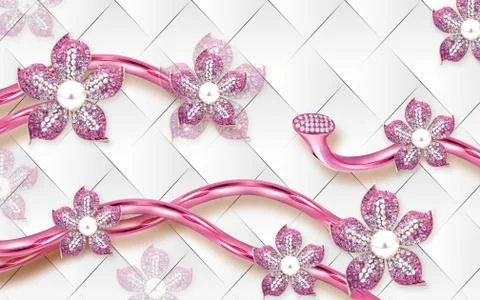 3d illustration, beige tiled background, glossy purple flowers with crystals Stock Illustration