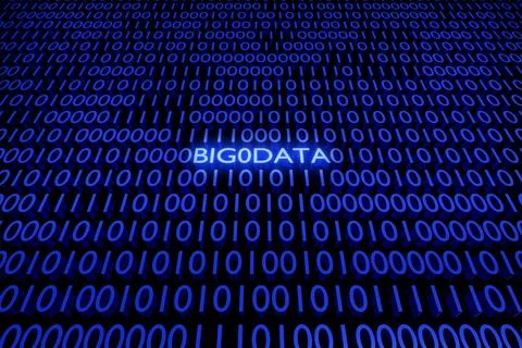 3D illustration of Big data text among wall of 0 and 1 numbers Foto stock