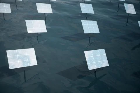 3D illustration of big solar panels on sea, ocean or river. Reflection of the Stock Illustration