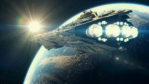 3D Illustration of a big spaceship orbiting around earth Vídeo Stock 98187914