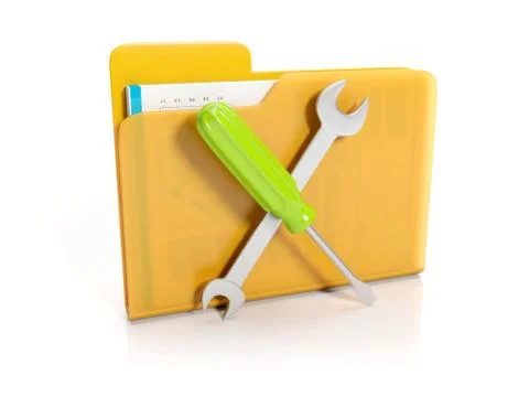 3d illustration: big yellow folder with a screwdriver and wrench Stock Illustration