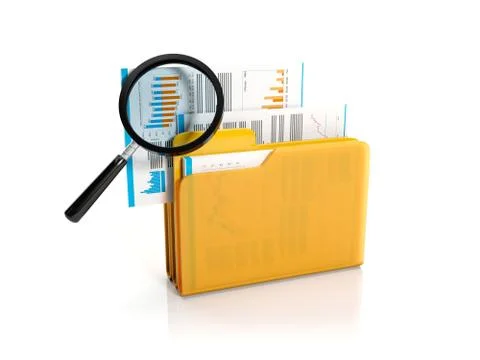 3d illustration: big yellow folder with a magnifying glass. finding a file Stock Illustration