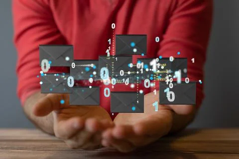 3D illustration of binary code and envelopes in the hands- the concept of e-mail Foto stock