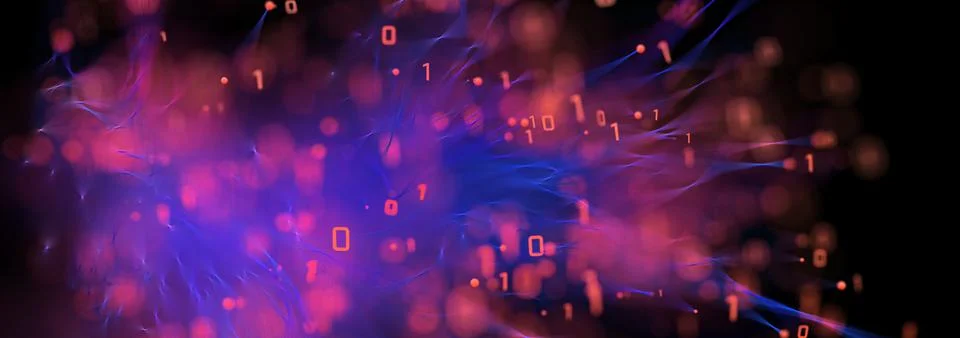 3D illustration of the binary computer coding moving in the blue and red space Stock Illustration