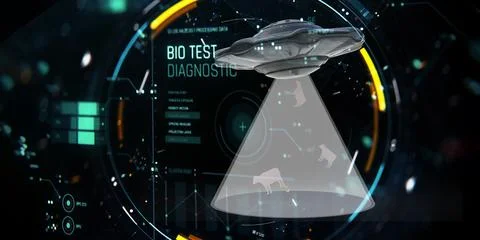3d illustration. Bio test diagnostic. UFO steals cows. Illustrazione stock