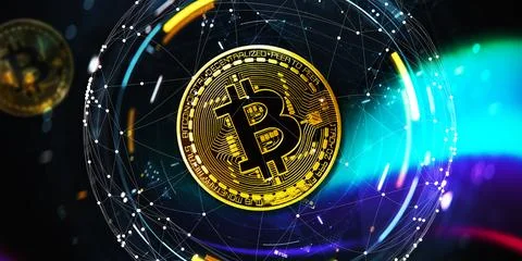 3d illustration. Bitcoin on the digital background with planet. Illustrazione stock