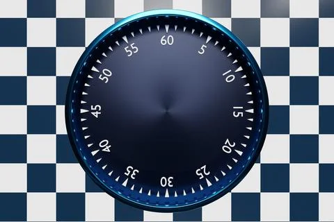3d illustration  of  black  round clock, stopwatch on a black and white check Illustrazione stock