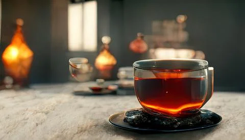 3D Illustration of Black tea inside the glass on the wooden table Stock Illustration