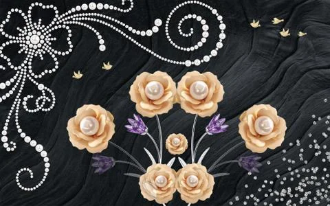 3d illustration, black texture background, pearl ornament, large beige roses Stock Illustration