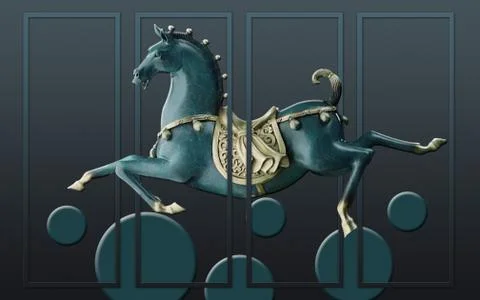 3d illustration, blue background with frames, the horse flies in a jump Illustrazione stock