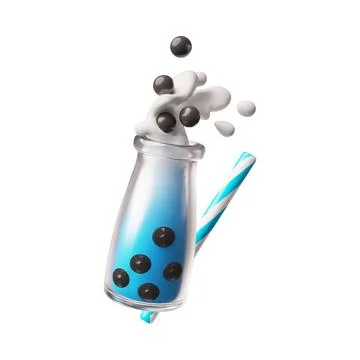 3d illustration of blue bubble tea in a bottle with tapioca balls, splashes and Stock Illustration