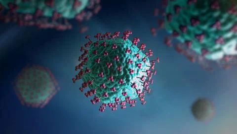 3D illustration of blue colored virus cells with sensors or receptors Illustrazione stock